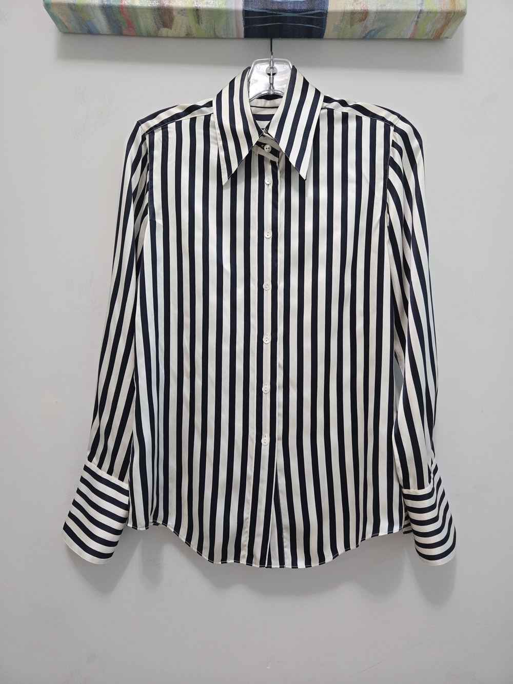 Anne Klein Silk Vintage Black and White Vertical Stripe Button-Up Blouse